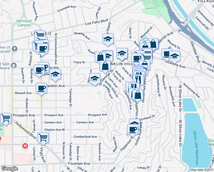 map of restaurants, bars, coffee shops, grocery stores, and more near 3957 Franklin Avenue in Los Angeles