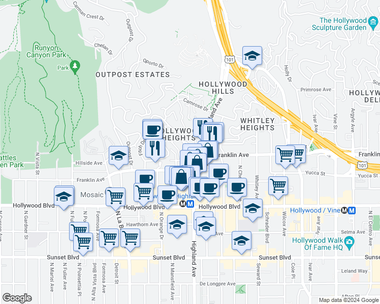 map of restaurants, bars, coffee shops, grocery stores, and more near 1925 Hillcrest Road in Los Angeles