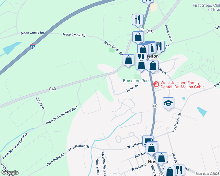 map of restaurants, bars, coffee shops, grocery stores, and more near 122 Piedmont Avenue in Braselton