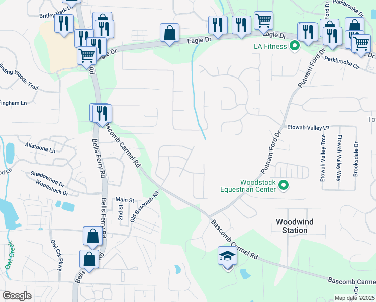 map of restaurants, bars, coffee shops, grocery stores, and more near 250 Cordova Street in Woodstock
