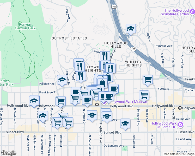 map of restaurants, bars, coffee shops, grocery stores, and more near 1920 Hillcrest Road in Los Angeles
