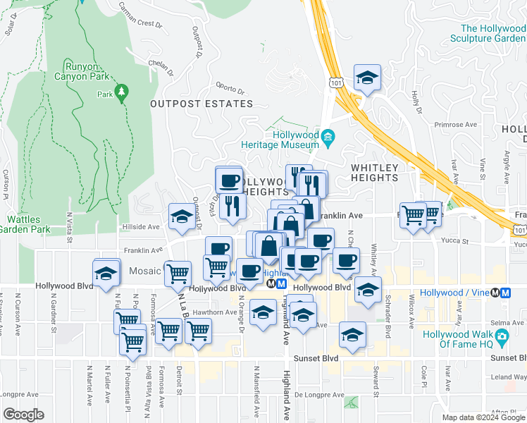 map of restaurants, bars, coffee shops, grocery stores, and more near 1919 Pinehurst Road in Los Angeles