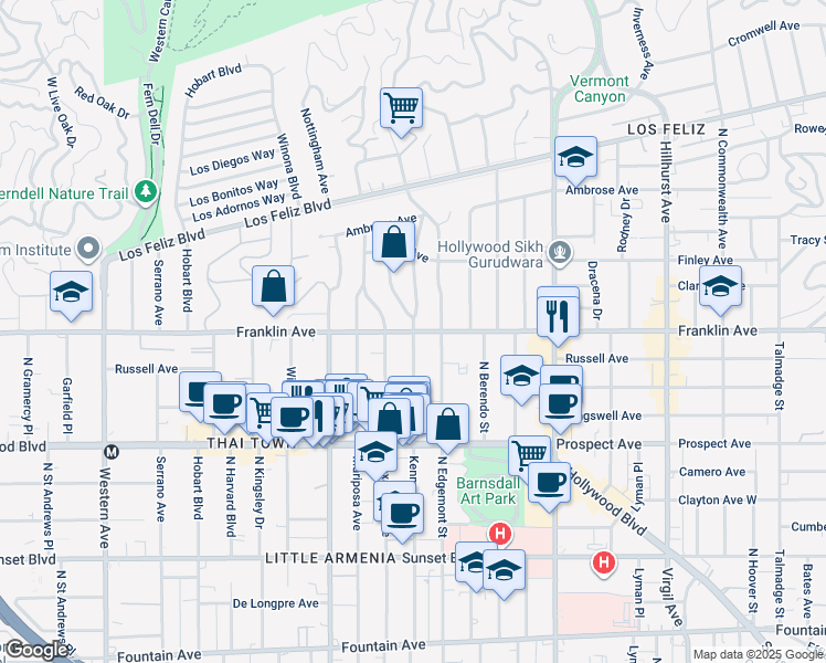 map of restaurants, bars, coffee shops, grocery stores, and more near Franklin Ave & N Kenmore Ave in Los Angeles