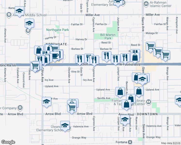 map of restaurants, bars, coffee shops, grocery stores, and more near 8164 Cypress Avenue in Fontana