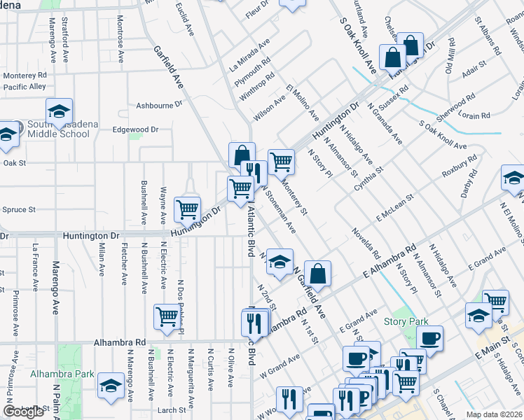map of restaurants, bars, coffee shops, grocery stores, and more near 1120 North Garfield Avenue in Alhambra