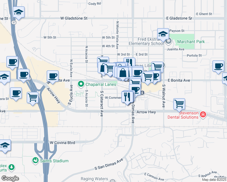 map of restaurants, bars, coffee shops, grocery stores, and more near 210 West Railway Street in San Dimas