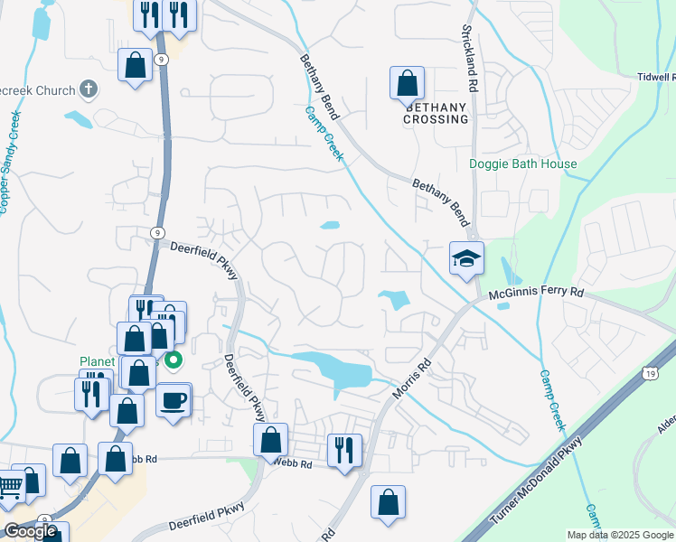 map of restaurants, bars, coffee shops, grocery stores, and more near 13342 Harpley Court in Alpharetta
