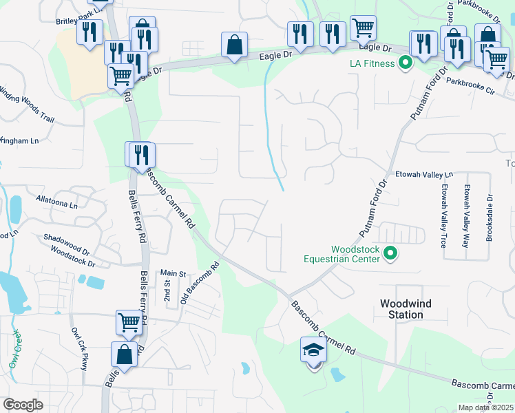 map of restaurants, bars, coffee shops, grocery stores, and more near 250 Cordova Street in Woodstock