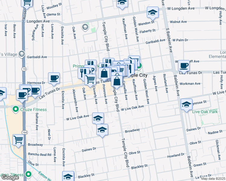 map of restaurants, bars, coffee shops, grocery stores, and more near 5818 Temple City Boulevard in Temple City
