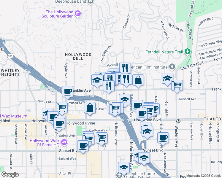 map of restaurants, bars, coffee shops, grocery stores, and more near 5919 Franklin Avenue in Los Angeles