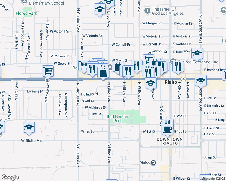 map of restaurants, bars, coffee shops, grocery stores, and more near 331 North Lilac Avenue in Rialto