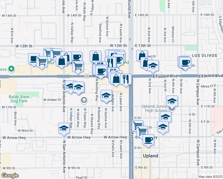 map of restaurants, bars, coffee shops, grocery stores, and more near 922 North Redding Way in Upland