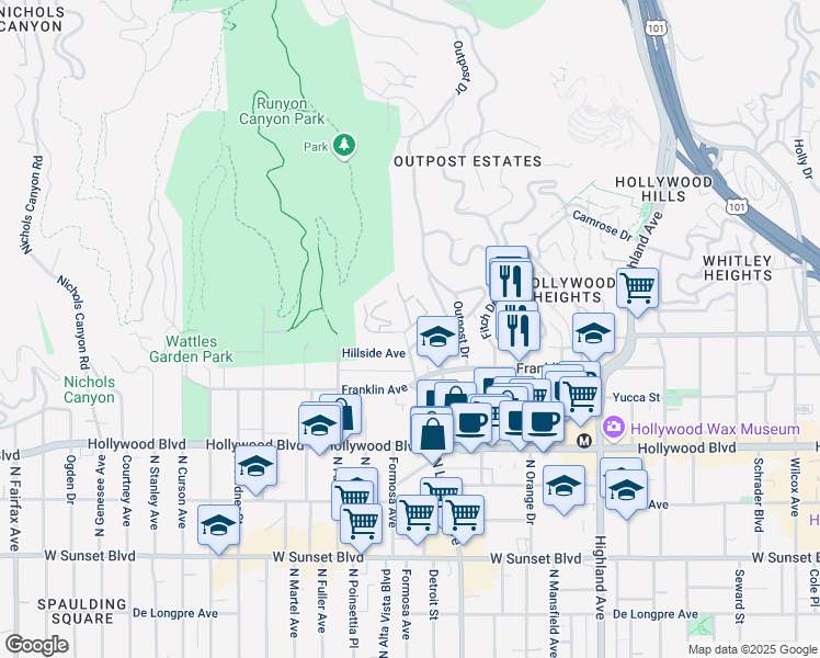 map of restaurants, bars, coffee shops, grocery stores, and more near 7075 Hillside Avenue in Los Angeles