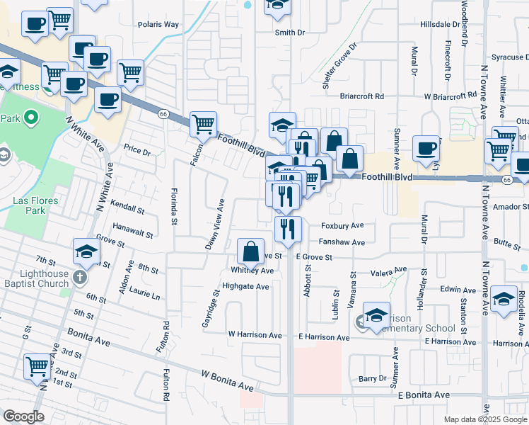 map of restaurants, bars, coffee shops, grocery stores, and more near 150 Drake Street in Pomona