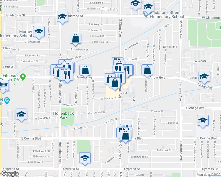 map of restaurants, bars, coffee shops, grocery stores, and more near 1371 North Citrus Avenue in Covina