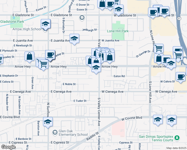 map of restaurants, bars, coffee shops, grocery stores, and more near 21363 East Calora Street in Covina