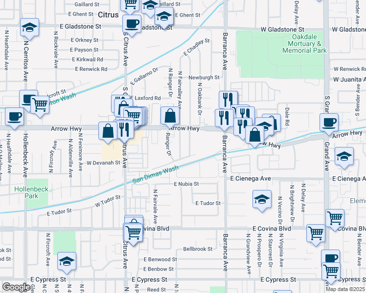 map of restaurants, bars, coffee shops, grocery stores, and more near 1448 North Fairvalley Avenue in Covina