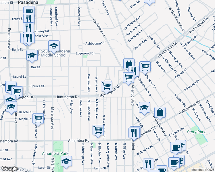 map of restaurants, bars, coffee shops, grocery stores, and more near 1806 Camden Avenue in South Pasadena