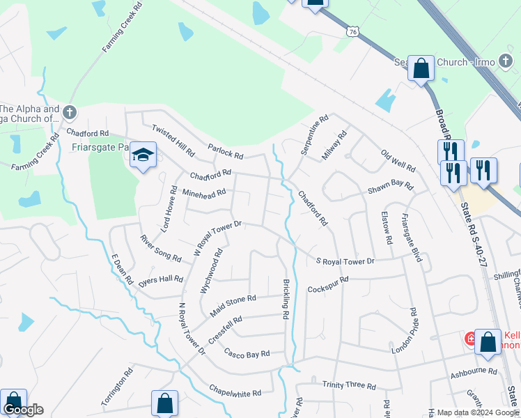 map of restaurants, bars, coffee shops, grocery stores, and more near 112 Parlock Road in Irmo