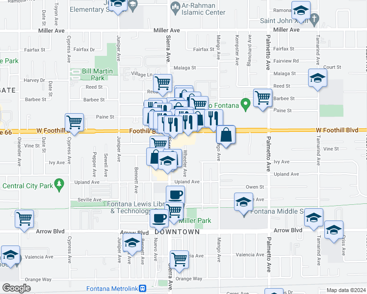 map of restaurants, bars, coffee shops, grocery stores, and more near Wheeler Avenue in Fontana