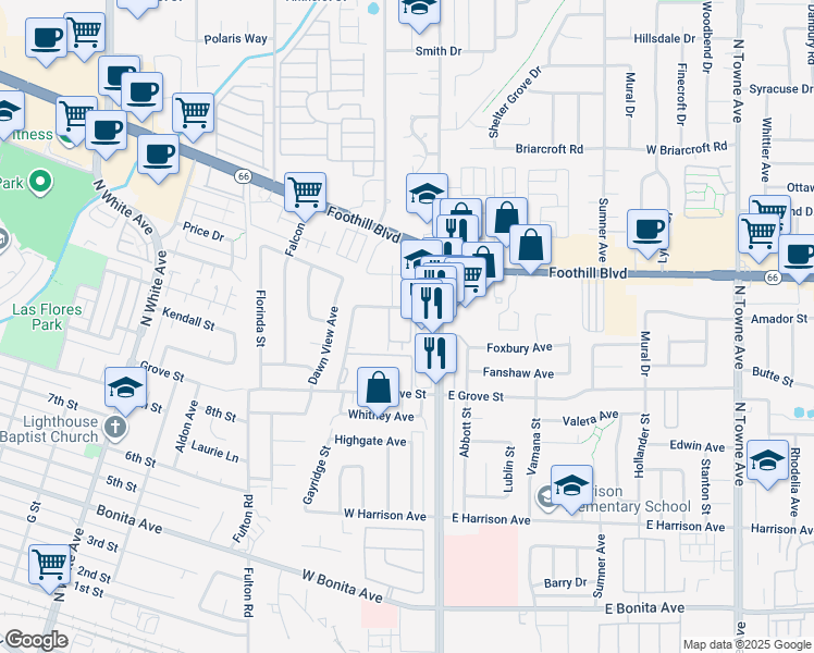 map of restaurants, bars, coffee shops, grocery stores, and more near 150 Drake Street in Pomona