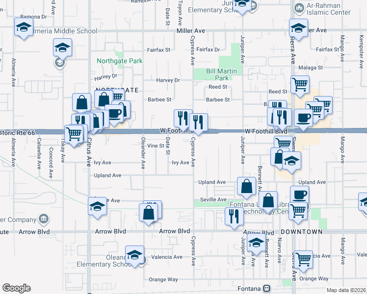map of restaurants, bars, coffee shops, grocery stores, and more near 8164 Cypress Avenue in Fontana