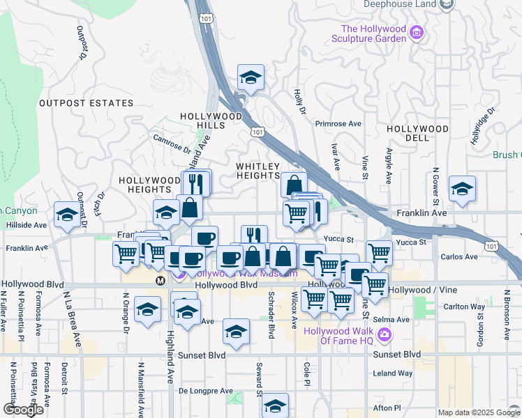 map of restaurants, bars, coffee shops, grocery stores, and more near 6561 Franklin Avenue in Los Angeles