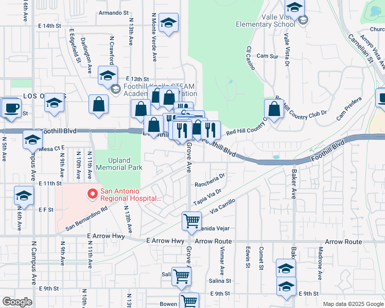 map of restaurants, bars, coffee shops, grocery stores, and more near 8167 Grove Avenue in Rancho Cucamonga