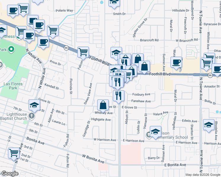 map of restaurants, bars, coffee shops, grocery stores, and more near 150 Drake Street in Pomona