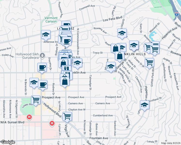 map of restaurants, bars, coffee shops, grocery stores, and more near Franklin Avenue & Talmadge Street in Los Angeles