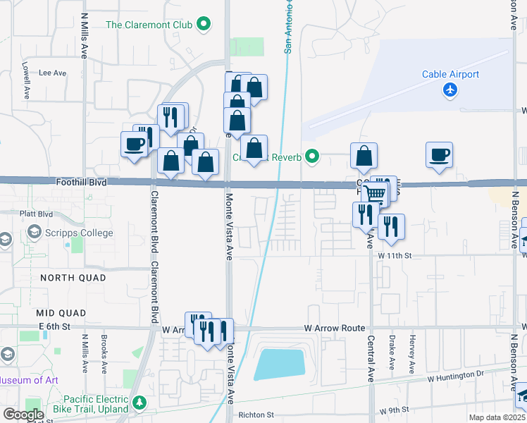 map of restaurants, bars, coffee shops, grocery stores, and more near 2327 Helen Avenue in Upland
