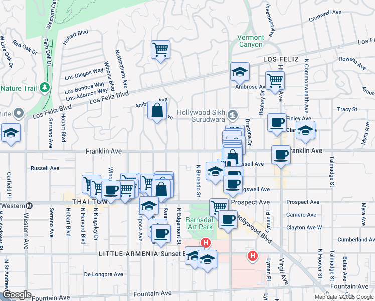 map of restaurants, bars, coffee shops, grocery stores, and more near 4826 Franklin Avenue in Los Angeles