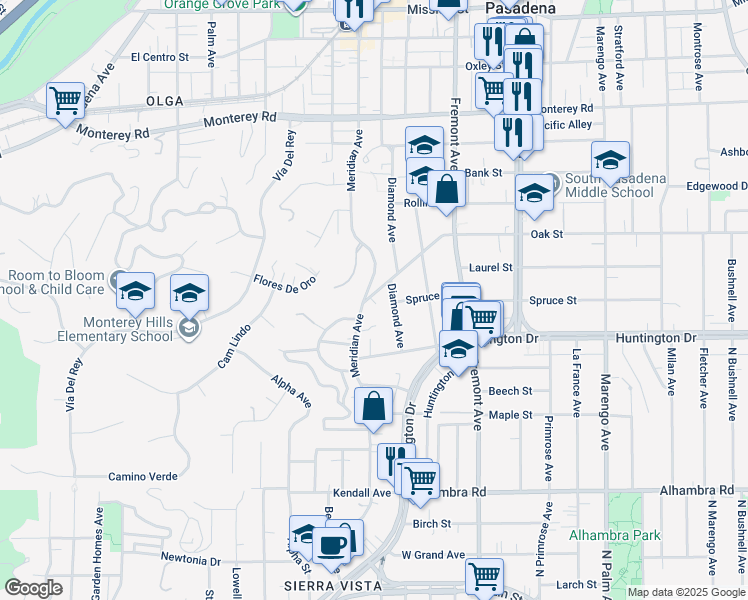 map of restaurants, bars, coffee shops, grocery stores, and more near 1115 Oak Street in South Pasadena