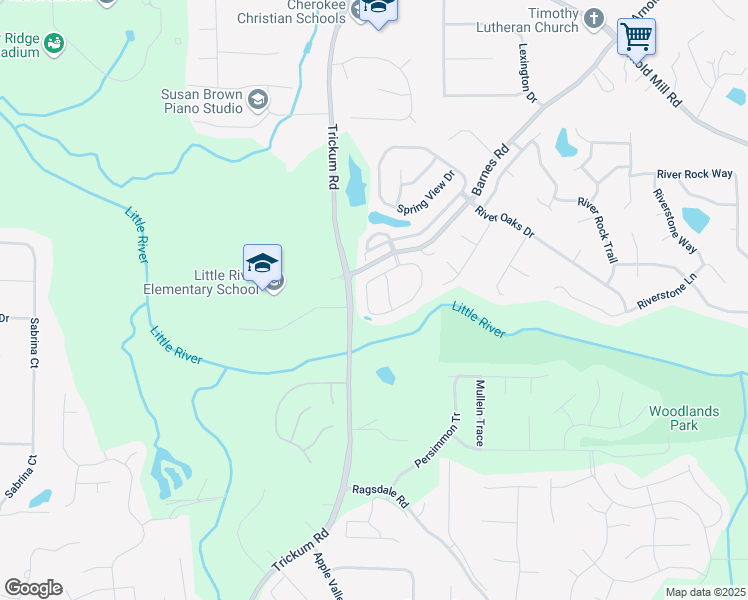 map of restaurants, bars, coffee shops, grocery stores, and more near 158 Riverside Lane in Woodstock