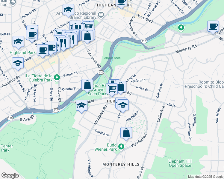 map of restaurants, bars, coffee shops, grocery stores, and more near 5929 Monterey Road in Los Angeles