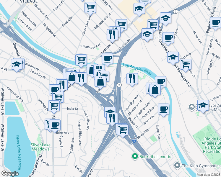 map of restaurants, bars, coffee shops, grocery stores, and more near 2248 Ripple Street in Los Angeles