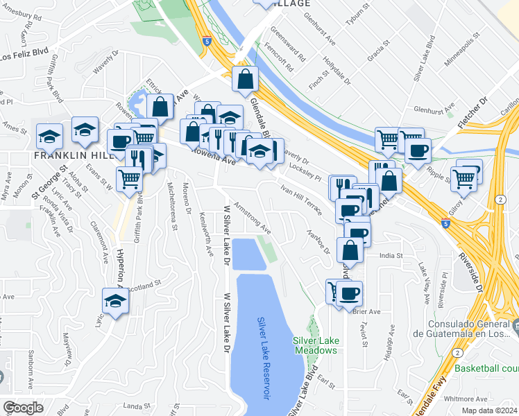 map of restaurants, bars, coffee shops, grocery stores, and more near 2709 Lakewood Avenue North in Los Angeles