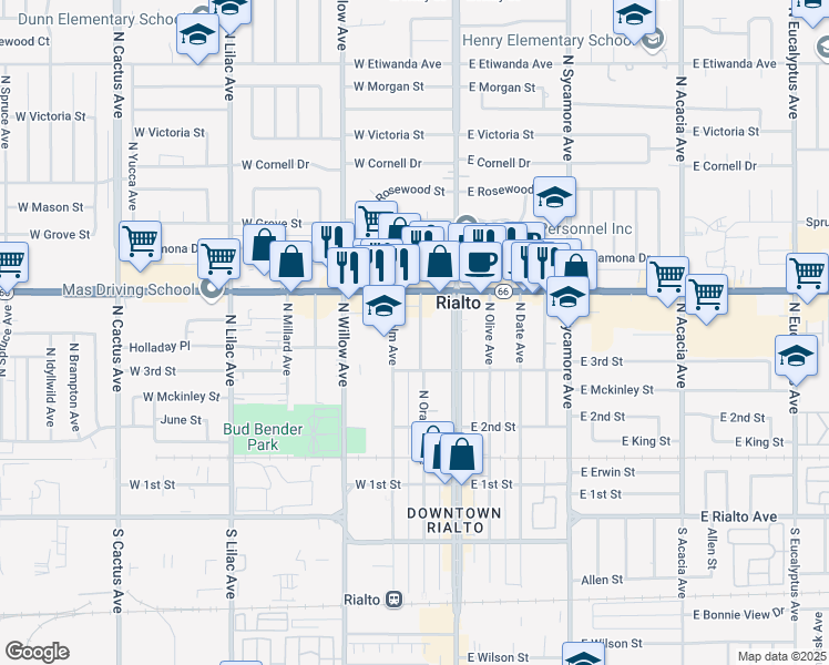 map of restaurants, bars, coffee shops, grocery stores, and more near 334 North Orange Avenue in Rialto