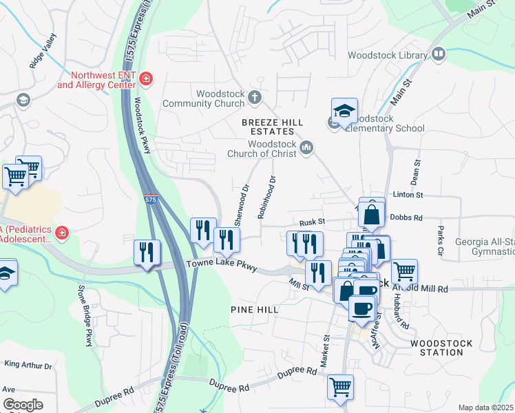 map of restaurants, bars, coffee shops, grocery stores, and more near 410 Sherwood Drive in Woodstock