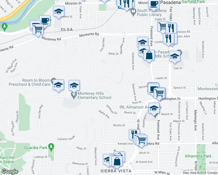 map of restaurants, bars, coffee shops, grocery stores, and more near 863 Flores De Oro in South Pasadena