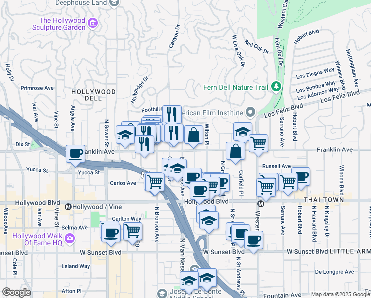map of restaurants, bars, coffee shops, grocery stores, and more near 1902 North Van Ness Avenue in Los Angeles