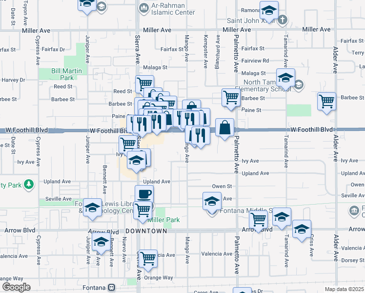map of restaurants, bars, coffee shops, grocery stores, and more near 8110 Mango Avenue in Fontana