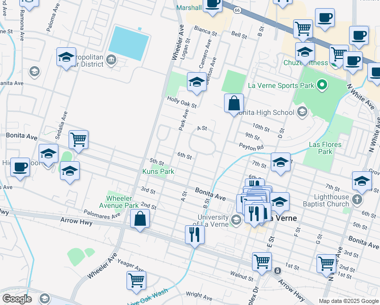 map of restaurants, bars, coffee shops, grocery stores, and more near 2635 A Street in La Verne