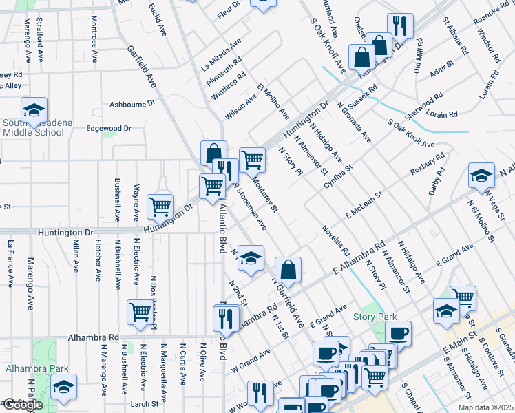 map of restaurants, bars, coffee shops, grocery stores, and more near 1100 North Stoneman Avenue in Alhambra