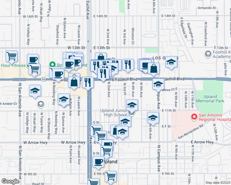 map of restaurants, bars, coffee shops, grocery stores, and more near in Upland