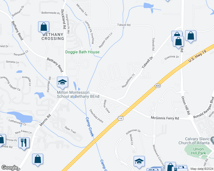 map of restaurants, bars, coffee shops, grocery stores, and more near 1112 Thornborough Drive in Alpharetta
