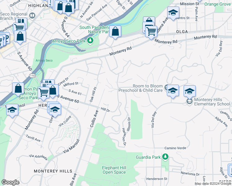 map of restaurants, bars, coffee shops, grocery stores, and more near 1701 Hill Drive in South Pasadena