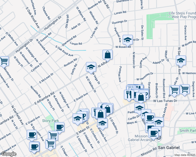 map of restaurants, bars, coffee shops, grocery stores, and more near 424 North Vega Street in Alhambra