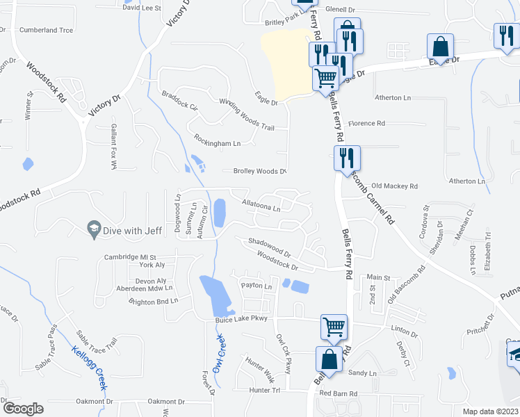 map of restaurants, bars, coffee shops, grocery stores, and more near 132 Sweetwater Circle in Acworth