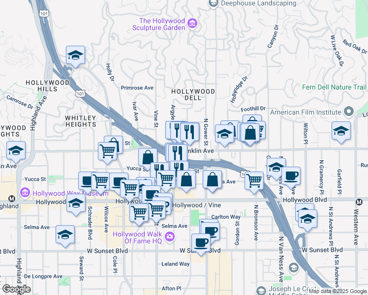 map of restaurants, bars, coffee shops, grocery stores, and more near 6211 Franklin Avenue in Los Angeles